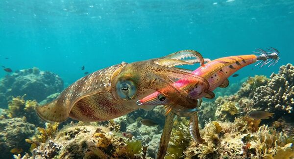 アオリイカがエギを抱いている様子のの海中写真