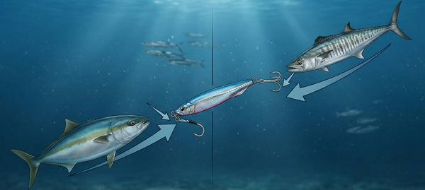 アシストフックのセッティングの補足画像。ブリは前方、サワラは後方のフックへのヒット率が高い。