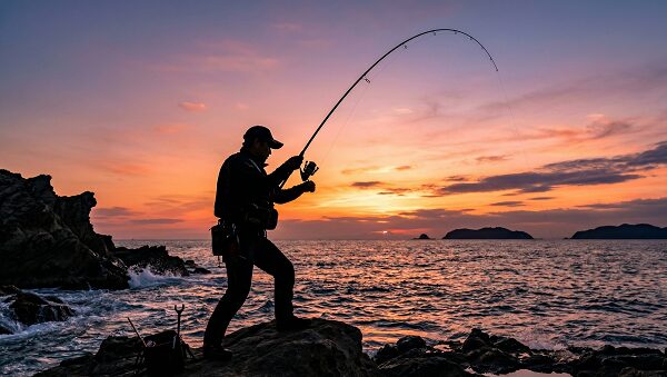 磯場で魚とファイト中。黄昏時の磯の風景にシルエットの様に映る釣り人。