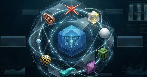 中央の主軸(エギ王Kを表す)、周辺を９のつの違うタイプのツールを表す、概念的な幾何学イラスト