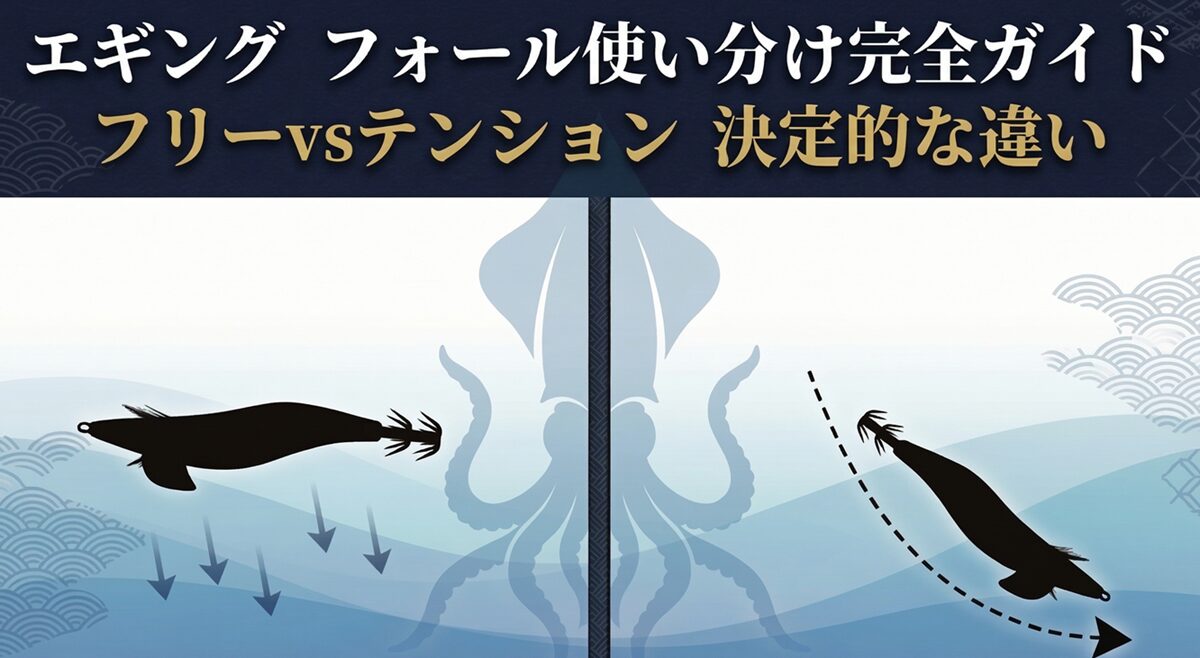 エギングのテンションフォールとフリーフォールを見比べたイラスト。解説記事用アイキャッチ。