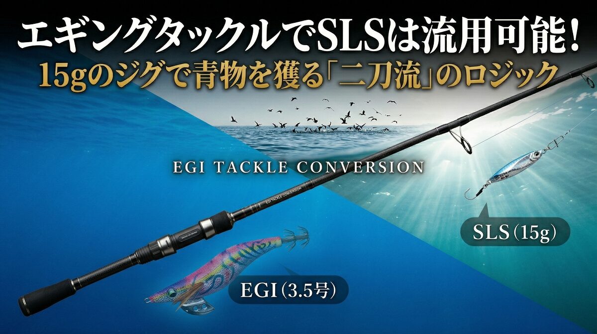 エギングタックルでSLSへの流用が可能！の記事のアイキャッチ。記事タイトルとエギタックルでエギ・ジグが操作できることを視覚的に示すイラスト