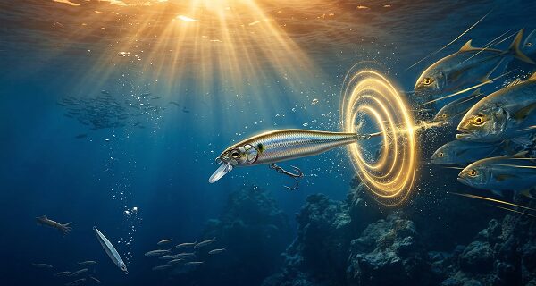 ミノーを追う青物の群れと、見向きもされないメタルジグの対比イラスト