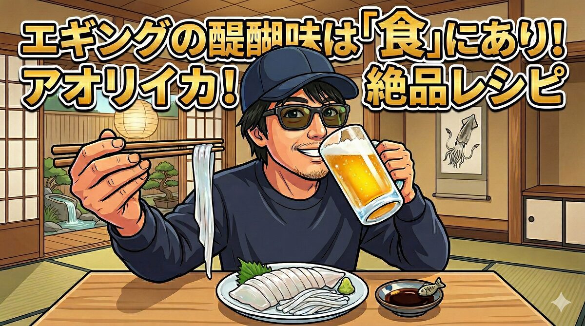 アオリイカお手軽絶品レシピ記事のアイキャッチ。ビール片手にイカそうめんを食べるイラスト。