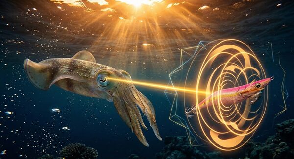 アオリイカが狙いを定めたイカをロックオンしている様子を表す実写調イラスト