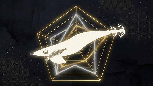 白色のエギのシルエットと、データを比較するグラフを表したイラスト