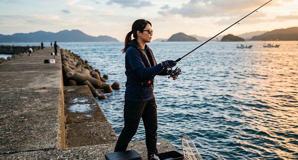 堤防で釣りをする女性アングラーの写真
