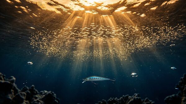 光差し込む海中で泳ぐ小魚の群れとミノーの実写風イラスト