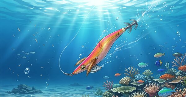 45度の角度でフォールするエギのイラスト