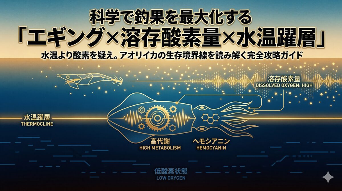 科学で釣果を最大化する「エギング×溶存酸素量×水温躍層」完全攻略ガイドのアイキャッチ画像。幾何学調イラストで記事の内容を示唆。