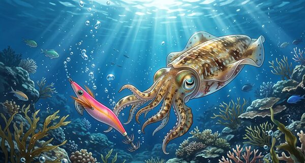 エギを抱こうか抱くまいか迷っている様子のアオリイカのイラスト