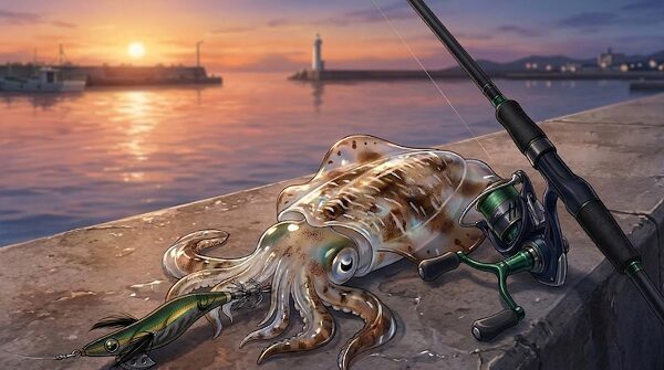 リアルアニメ調イラスト。アオリイカとエギ、タックルが置かれた堤防の風景が描かれている。