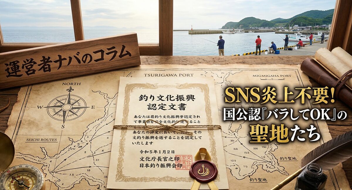 釣り文化振興モデル港を紹介する記事のアイキャッチ。認証証のイラストと、窓の向こうには釣り人と漁港。