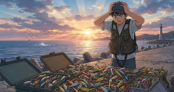 釣り場で多すぎるルアーの前で困惑する男性アングラーのイラスト。やや誇張気味に表現。