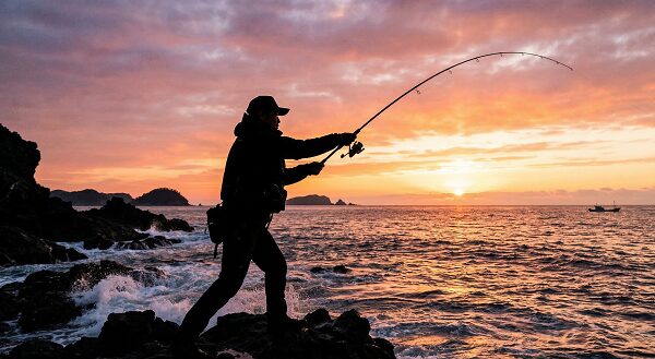 朝焼けの風景の中、磯でショアジギングをしている男性アングラー