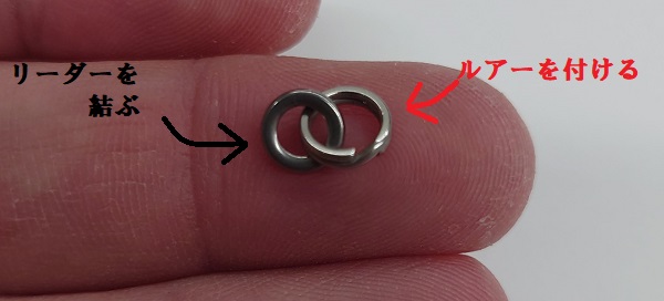 完成後の「スプリットリング+ソリッドリング結束後」の写真。ルアーを付ける場所をリーダーを結ぶ場所の文字の説明入り。