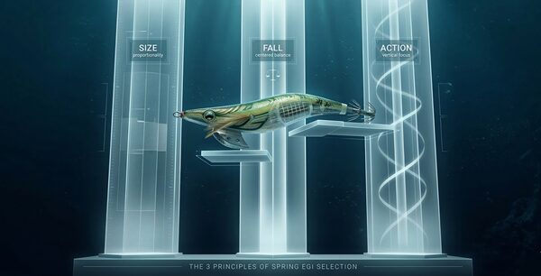 春イカ用のエギを選ぶ際の「サイズ」「フォール姿勢」「アクション」の３つの要素について、重要性を概念化したイラスト