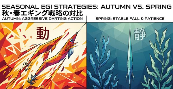 秋は「動」、春は「静」というエギのアクションの重要なテーマを表す幾何学調の概念的イラスト