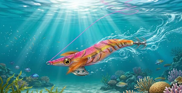 水平フォールで、風によるラインの影響や潮流の影響でふらつくエギの様子を示したイラスト