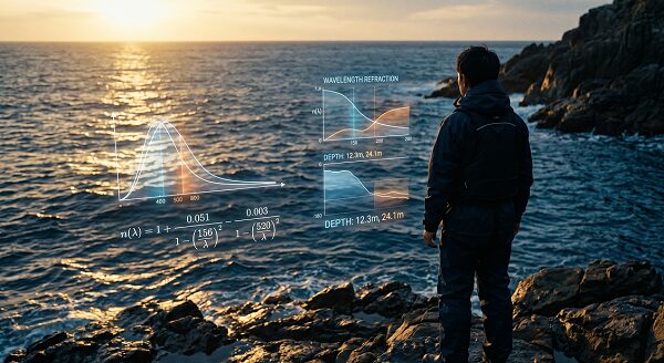磯で海を眺めながらエギカラーのマトリクスを考える男性