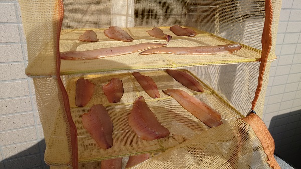 魚干し網で干されるカマスの身