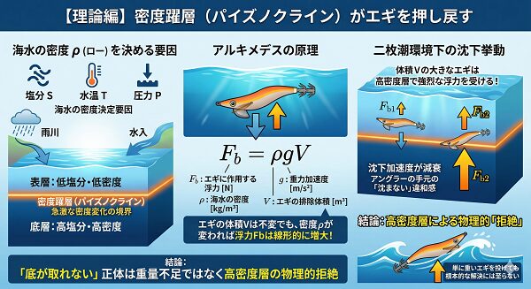 「【理論編】密度躍層（パイズノクライン）がエギを押し戻す」の内容のインフォグラフィック