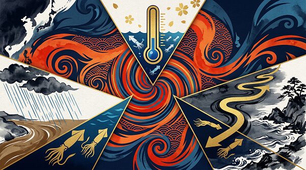 エルニーニョ現象がエギングに与える影響を幾何学調かつ和風モダンに記したイラスト