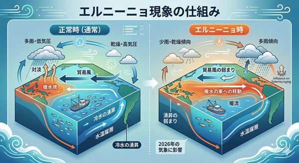 エルニーニョ現象の仕組みを示すインフォグラフィック