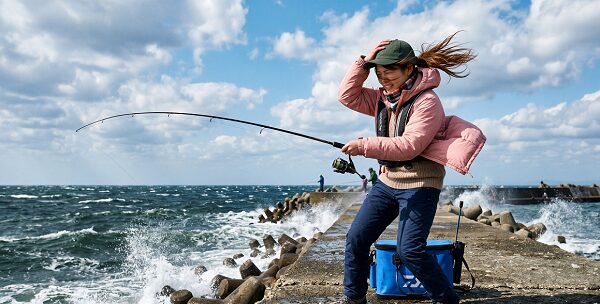 春の嵐(強風)に煽られる女性アングラーの様子