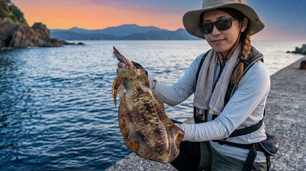 釣果のイカをもつ女性アングラー