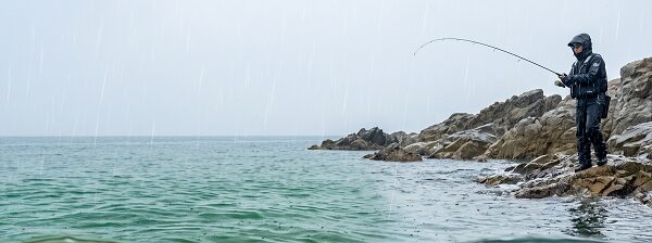 雨の磯で釣りをするアングラー