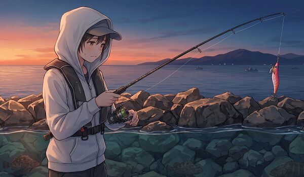 イラスト。エギングで釣れなくて心が折れている様子。