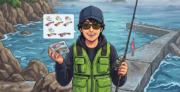 梅雨の堤防でエギについて解説する運営者ナバのイラスト