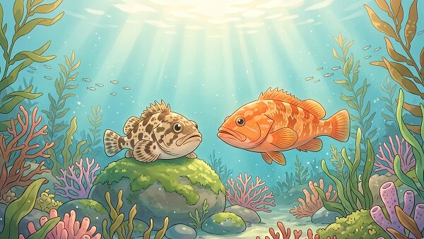 イラスト。海中のキジハタとカサゴ。