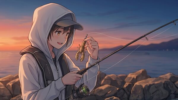 イラスト。根魚狙いにシフトして前向きな表情のアングラー。