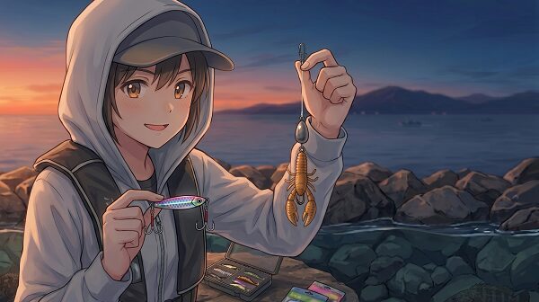 イラスト。根魚の釣り方を提案する女性アングラー。